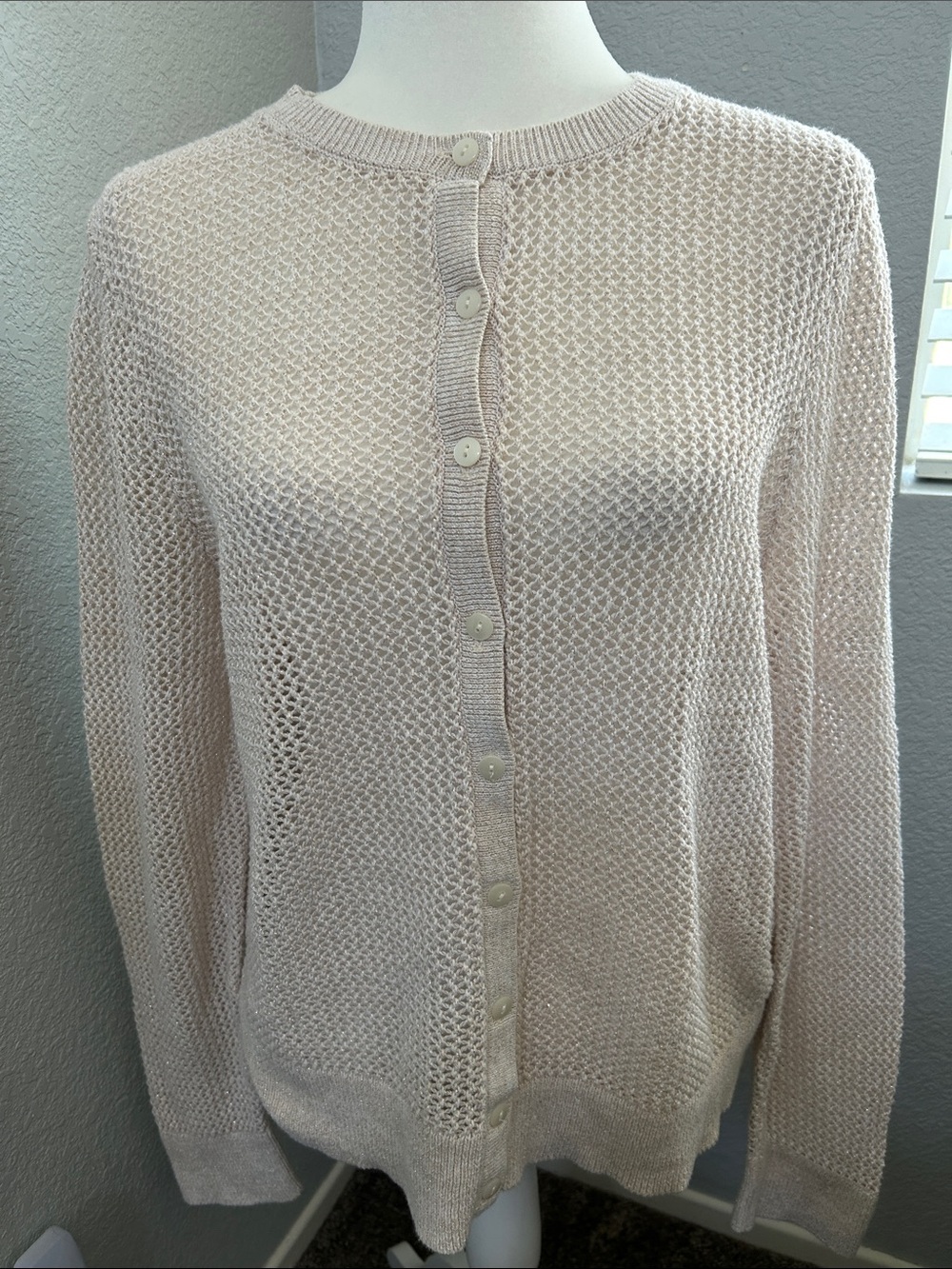 LOFT Soft Light Pink Sparkling Open-Knit Button Cardigan